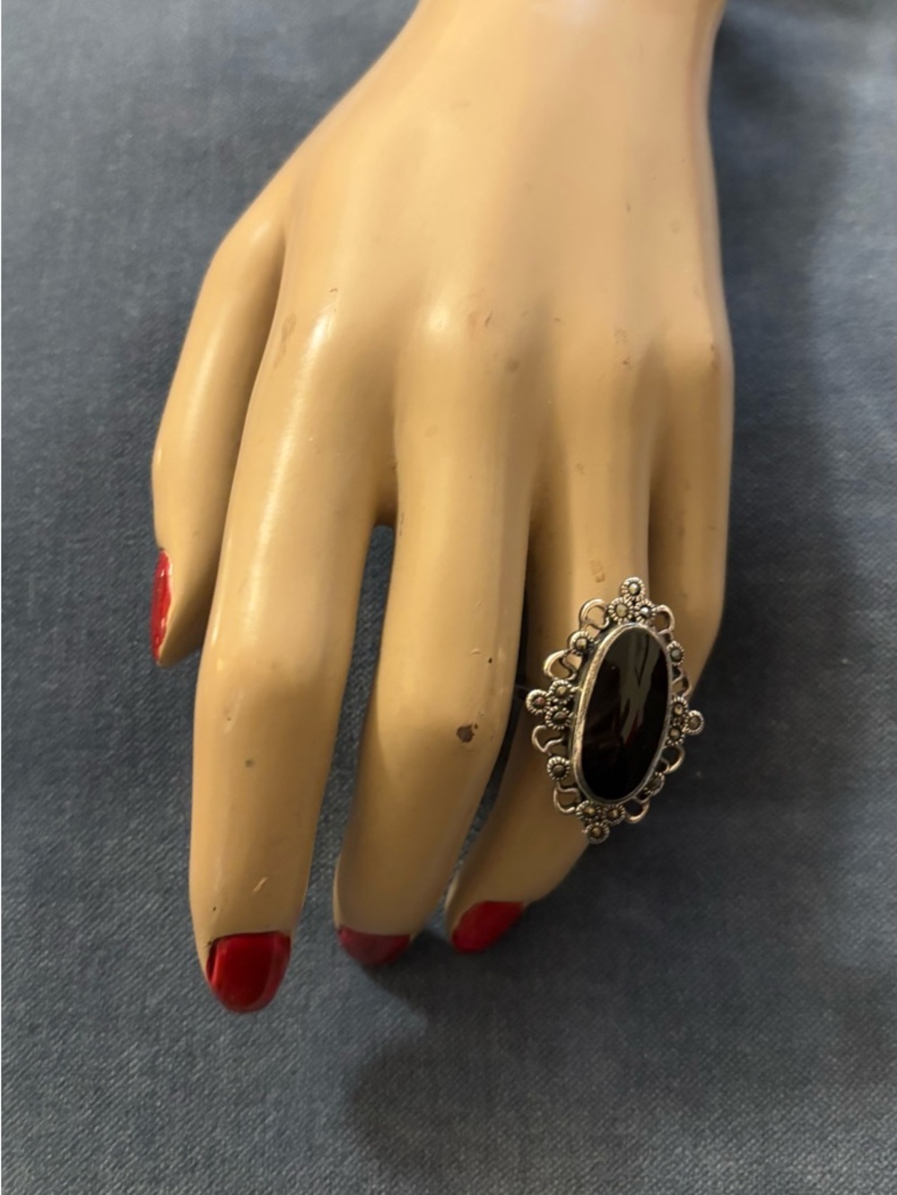 Vintage-Inspired Black Oval Statement Ring sterling and marcasite